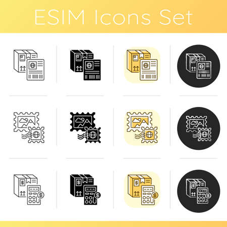 Postal services icons set. Linear, black and RGB color styles. Shipping label, postage stamps and cargo price calculation. Mail transportation business. Isolated vector illustrationsのイラスト素材