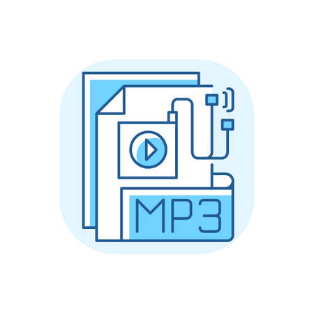 MP3 Audio file blue RGB color icon. File extension. Downloading song. Storing music. Lecture, audiobook, podcast. Compressed audio format. Encoding and decoding algorithm. Isolated vector illustrationのイラスト素材