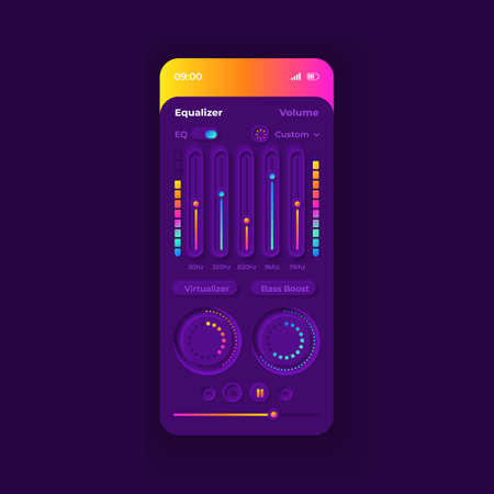 Equalizer theme smartphone interface vector template. Mobile app page purple design layout....