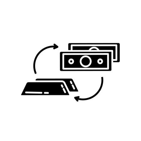 Precious metals sale black glyph icon. Stock exchange. Buy gold and platinum bars with money. Purchase silver bullion. Market cost. Silhouette symbol on white space. Vector isolated illustrationのイラスト素材