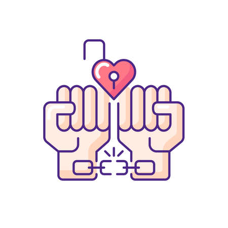 Free love RGB color icon. LGBTQ coming out. Hands breaking chains. Gay rights. Human love. Gender changing. Love issues solving. Isolated vector illustrationのイラスト素材