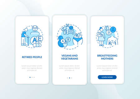 Who should take vitamins onboarding mobile app page screen with concepts. Older adults, vegans, mothers walkthrough 3 steps graphic instructions. UI vector template with RGB color illustrationsのイラスト素材
