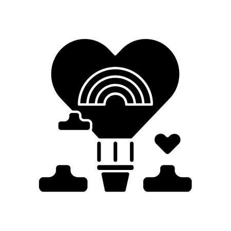 Love balloon black glyph icon. Free love. Heart shaped air balloon. LGBTQ community pride festival celebration. Rainbow sign. Silhouette symbol on white space. Vector isolated illustrationのイラスト素材