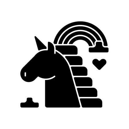 Rainbow unicorn black glyph icon. Worldwide pride symbol. LGBTQ community self identification sign. Silhouette symbol on white space. Vector isolated illustrationのイラスト素材