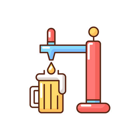 Draft beer RGB color icon. Pouring lager in mug. Beverage from bar. Pub menu. Drink stout from glassware. Craft beer. Party booze from dispenser pump. Isolated vector illustrationのイラスト素材