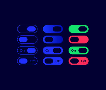 Switches UI elements kit. Press on and off. Flip button isolated vector icon, bar and dashboard template. Web design widget collection for mobile application with dark theme interfaceのイラスト素材