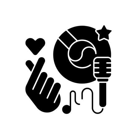 K pop black glyph icon. Musical genres. Microphone with vinyl. Giving love hand. Music loving. Singing songs. Favorite hobby. Silhouette symbol on white space. Vector isolated illustrationのイラスト素材