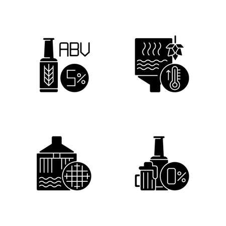 Brewery black glyph icons set on white space. Alcohol by volume in bottled drink. Boiling step in brewing beer process. Factory production. Silhouette symbols. Vector isolated illustrationの写真素材