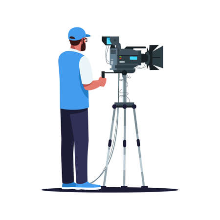 Cameraman semi flat RGB color vector illustration. Popular films creation process. Movie set....