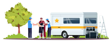 Preparing actor semi flat RGB color vector illustration. Movie preparations. Knight film. Learning plot. Important role. Filming crew van isolated cartoon character on white backgroundの写真素材