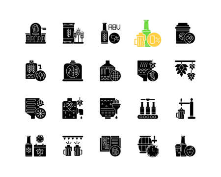 Brewing black glyph icons set on white space. Beer production. Factory produce alcohol drink. Manufacturing process. Pub with lager. Silhouette symbols. Vector isolated illustrationの写真素材