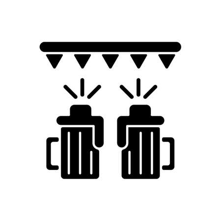 Beer festival black glyph icon. Fest with ale at bar. Pub party with booze. Alcoholic drinks for celebration. Toast with beer mugs. Silhouette symbol on white space. Vector isolated illustrationの写真素材