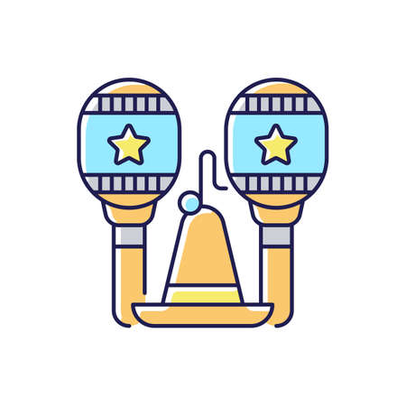 Latin music RGB color icon. National mexican instruments. Sombrero event. Maracases with stars. Fast rhythm song. Folk culture. Isolated vector illustrationの写真素材