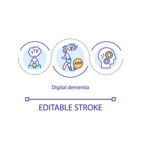 Digital dementia concept icon. Gadget and smartphone addiction. Social media detox. Health problem idea thin line illustration. Vector isolated outline RGB color drawing. Editable strokeのイラスト素材