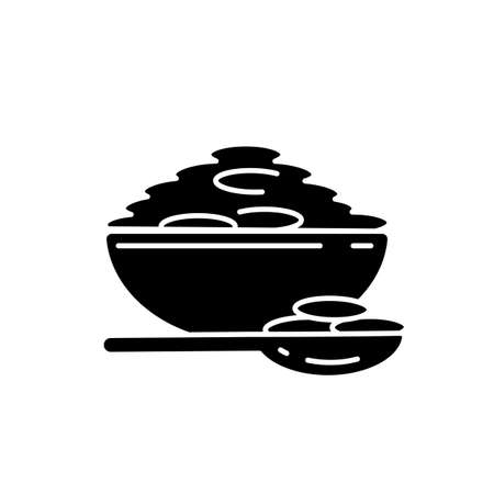 Lentils black glyph icon. Natural porrige meals. Healthy vegetarian foods ideas. Bowl full of eco grains. Superfoods options. Silhouette symbol on white space. Vector isolated illustrationのイラスト素材