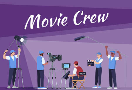 Movie crew social poster template. Professional film equipment. Commercial flyer design with semi flat illustration. Vector cartoon promo card. Filming industry advertising invitationのイラスト素材