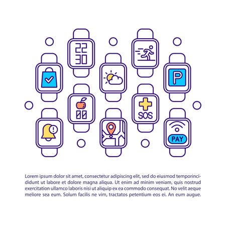 Smart watch apps concept icon with text. Diversity smartwatch functions. Health and sports metric. PPT page vector template. Brochure, magazine, booklet design element with linear illustrationsのイラスト素材