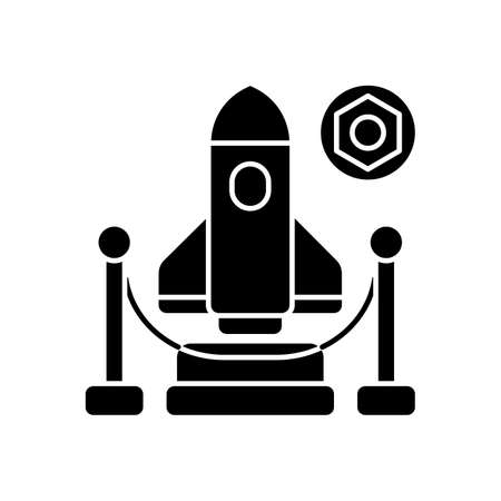 Expo black glyph icon. Trade fair, exhibition silhouette symbol on white space. Business event showcasing newest products and technologies. Aerospace industry trade show. Vector isolated illustrationのイラスト素材