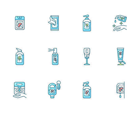 Sanitizer types blue RGB color icons set. Disinfectant spray. Antibacterial pocket gel. Automatic wall dispenser for liquid soap. Healthcare product for virus protection. Isolated vector illustrationsのイラスト素材