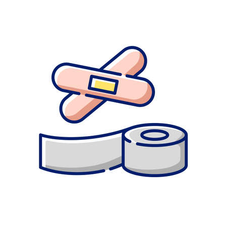 Plasters and medical tape RGB color icon. Sticky wrap for injury treatment. Bandage for trauma. Adhesive strip for damaged patient. Emergency help. First aid kit. Isolated vector illustrationのイラスト素材