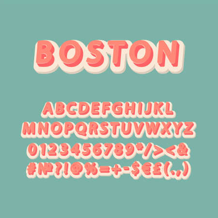 Boston header vintage 3d vector alphabet set. Retro bold font, typeface. Pop art stylized lettering. Old school style letters, numbers, symbols pack. 90s, 80s creative typeset design templateのイラスト素材