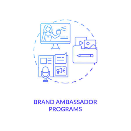 Brand ambassador programs concept icon. Influencer marketing agency service idea thin line illustration. Product and brand representation. Advertising tool. Vector isolated outline RGB color drawingのイラスト素材