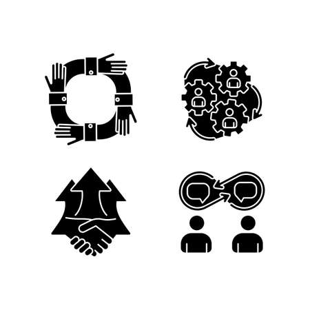 Cooperation black glyph icons set on white space. Human synergy. Operating teamwork. Partnership for corporate project. Workforce relation. Silhouette symbols. Vector isolated illustrationのイラスト素材