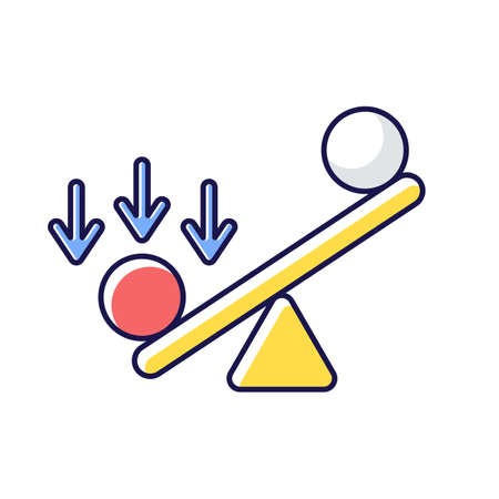 Synergy bias RGB color icon. Unbalanced scale with spheres. Advantage and disadvantage on scale. Measurement of value. Competitive struggle, overweight in balance. Isolated vector illustrationのイラスト素材