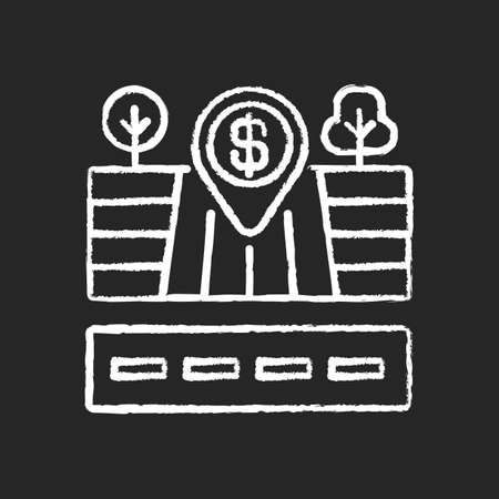 Land plot chalk white icon on black background. Empty lot for sale. Area for building residential house. Commercial offer for real estate development. Isolated vector chalkboard illustrationのイラスト素材