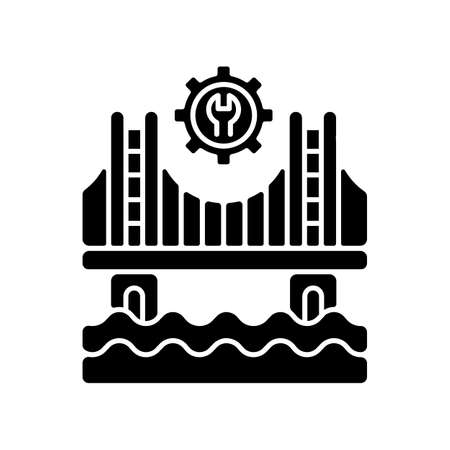 Construction black glyph icon. Building bridge. Safe and reliable materials. Engineering project. Critical infrastructure. Silhouette symbol on white space. Vector isolated illustrationのイラスト素材