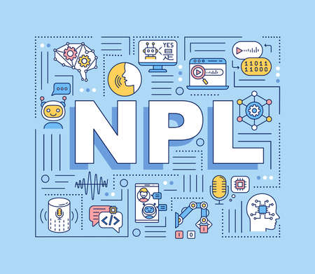 NPL word concepts banner. Natural language processing. Innovative robot technology. Infographics with linear icons on blue background. Isolated typography. Vector outline RGB color illustrationのイラスト素材