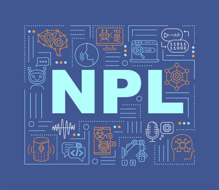 Natural language processing word concepts banner. Innovative robot technology. Infographics with linear icons on dark blue background. Isolated typography. Vector outline RGB color illustrationのイラスト素材