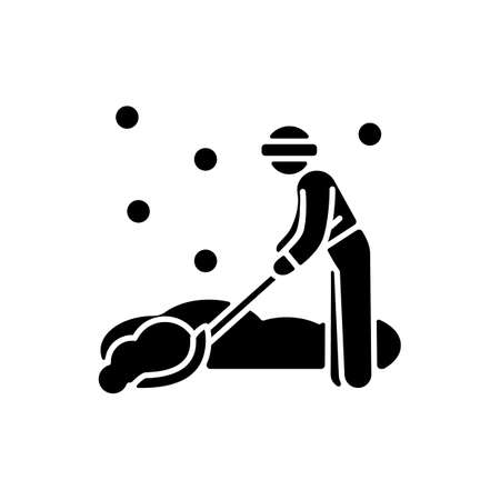 Snow removal job black glyph icon. Snow plow operator. Clearing residential streets or trails. Snowfall. Seasonal employment. Silhouette symbol on white space. Vector isolated illustrationのイラスト素材