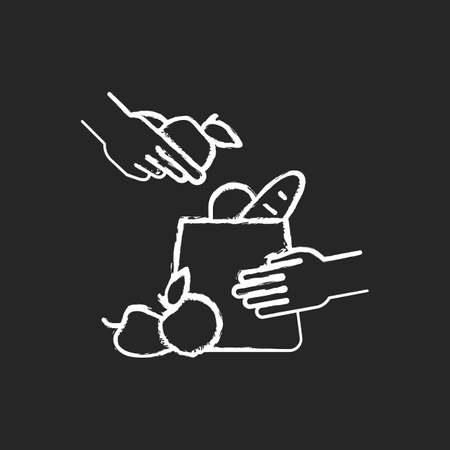 Grocery bagger chalk white icon on black background. Packer. Putting groceries into shopping bag. Assisting cashier. Part time worker. Bagging grocery items. Isolated vector chalkboard illustration