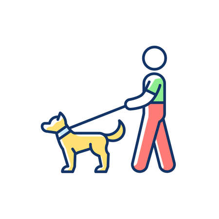 Dog walker RGB color icon. Animal care. Taking pets out for daily exercise. Dog-walking. Animal industry. Dog owner. Professional pet care. Volunteering at shelter. Isolated vector illustrationのイラスト素材
