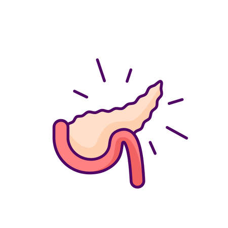 Pancreatitis RGB color icon. Stomach disease. Pathologic pancreas inflammation. Large gland. Digestive enzymes, hormones. Abdominal pain. Serious condition. Isolated vector illustrationのイラスト素材