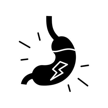 Indigestion black glyph icon. Dyspepsia. Upset stomach. Burning sensation in belly. Discomfort in upper abdomen. Heartburn. Silhouette symbol on white space. Vector isolated illustrationのイラスト素材