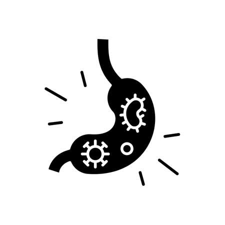 Stomach virus black glyph icon. Viral gastroenteritis. Intestinal infection. Diarrhea. Gastric flu. Food poisoning symptom. Silhouette symbol on white space. Vector isolated illustrationのイラスト素材