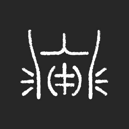 Abdominal muscle strain chalk white icon on black background. Full rupture. Mild stretch. Pulled stomach muscle. Tear. Injury. Strengthening exercises. Isolated vector chalkboard illustrationのイラスト素材
