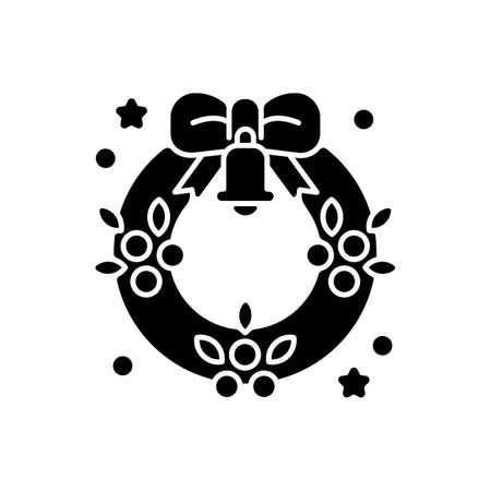 Christmas wreath black glyph icon. Xmas tree decoration. Traditional New Year ornament. Ribbon bow. Festive season decor. Silhouette symbol on white space. Vector isolated illustrationのイラスト素材