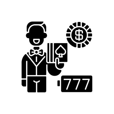 Casino black glyph icon. Gambling games. Jackpots. Slot machine. Random outcomes. Roulette, blackjack, poker, online slots. Winning odds. Silhouette symbol on white space. Vector isolated illustrationのイラスト素材