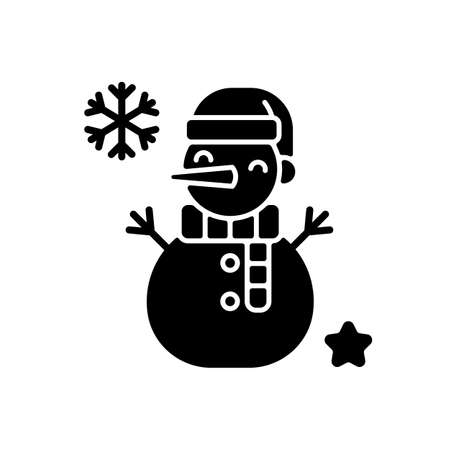 Snowman black glyph icon. Snow sculpture. Build with snowball. Winter seasonal recreation activity. Christmas time festive decoration. Silhouette symbol on white space. Vector isolated illustrationのイラスト素材