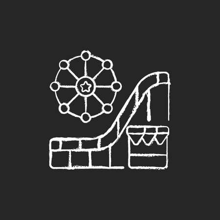 Amusement and theme park chalk white icon on black background. Vacation time. Events for entertainment purposes. Roller coasters. Exciting rides and games. Isolated vector chalkboard illustrationのイラスト素材