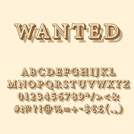 Wanted vintage 3d vector alphabet set. Retro bold font, typeface. Pop art stylized lettering. Old school style letters, numbers, symbols pack. 90s, 80s creative typeset design templateのイラスト素材