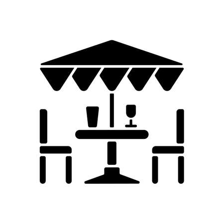 Patio furniture and accessories black glyph icon. Outdoor lounge furniture. Patio umbrellas. Comfortable outdoor living space. Silhouette symbol on white space. Vector isolated illustrationのイラスト素材