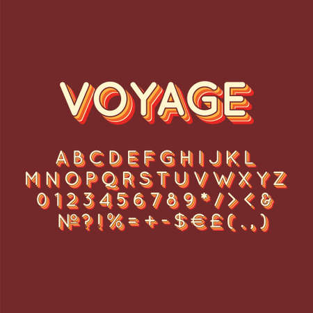 Voyage vintage 3d vector alphabet set. Retro bold font, typeface. Pop art stylized lettering. Old school style letters, numbers, symbols pack. 90s, 80s creative typeset design templateのイラスト素材