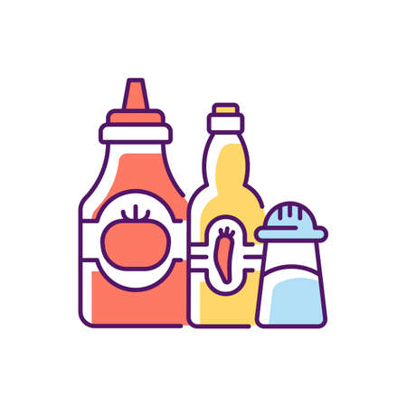 Condiments and sauces RGB color icon. Tabasco sauce. Chilli peppers. Mexican recipes. Ketchup, salt, spice, mustard. Adding flavor, texture to food. Jalapeno chillies. Isolated vector illustrationのイラスト素材