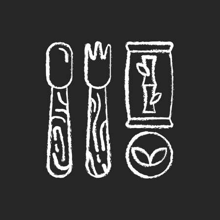 Disposable cutlery chalk white icon on black background. Eco-friendly alternatives. Wooden, bamboo utensils. Traditional plastic forks, spoons, knives. Isolated vector chalkboard illustrationのイラスト素材