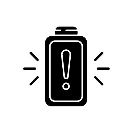 Battery working process risk black glyph icon. Devices chargers working issues. Dangerous power encreasing. Percentage level. Silhouette symbol on white space. Vector isolated illustrationのイラスト素材
