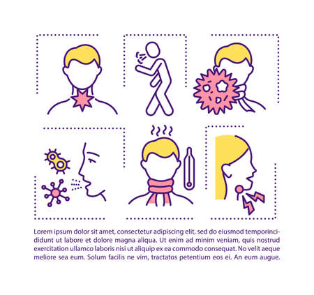 Sore throat concept icon with text. Suffer from flu. Medical treatment. Getting cold. PPT page vector template. Brochure, magazine, booklet design element with linear illustrationsのイラスト素材